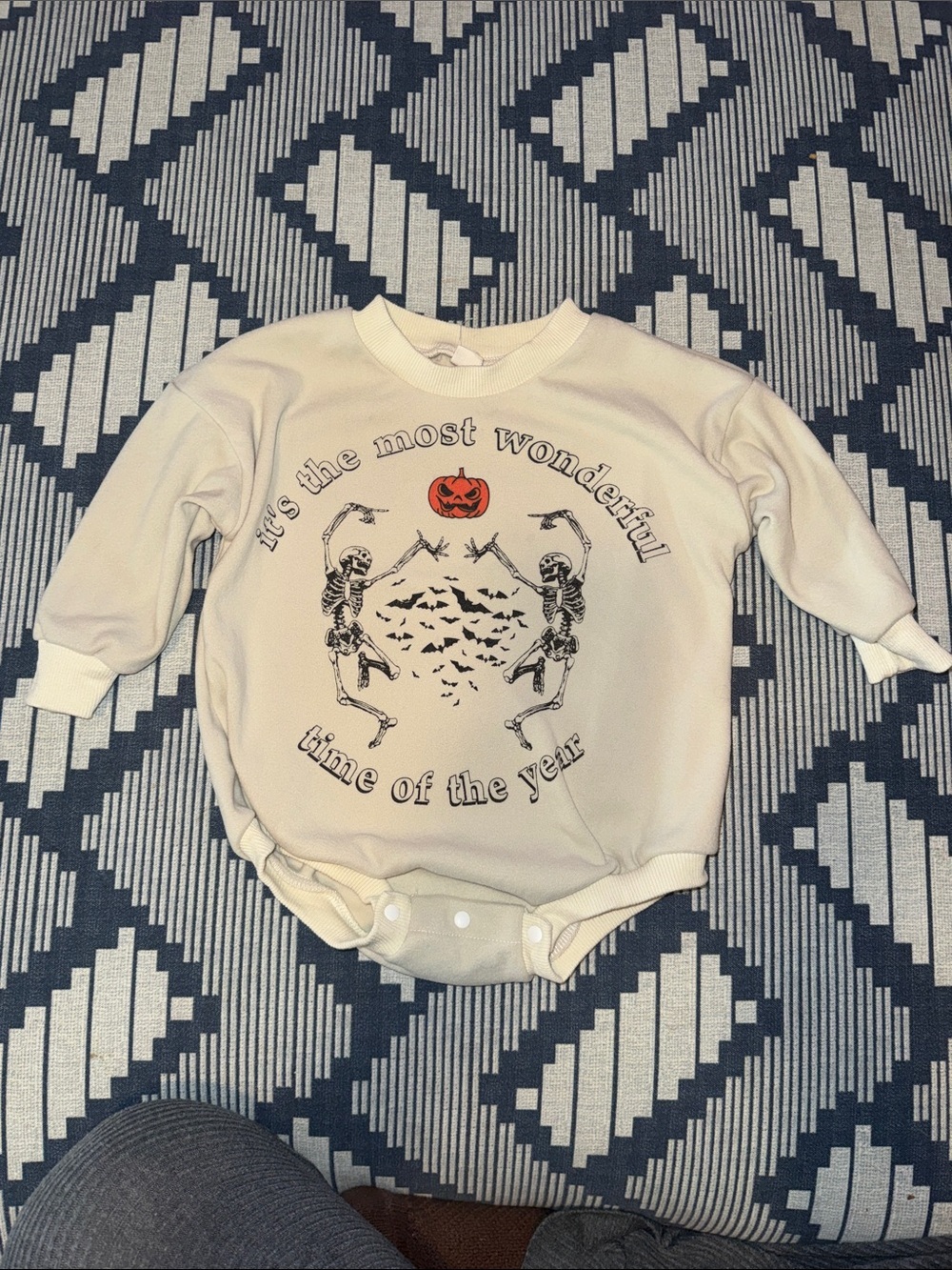 Cream Felt Halloween Skeleton One-Piece Bodysuit with Pumpkin Graphic